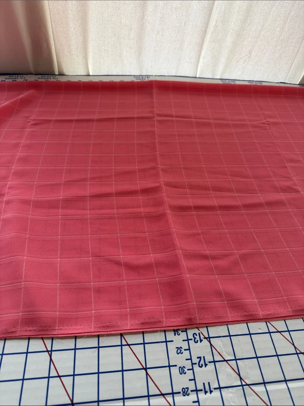 Vintage 1980s Coral Pink Windowpane Plaid Lightweight Drapey Fabric 2 Yards